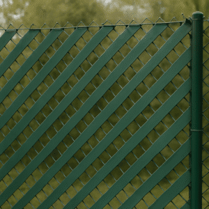 Metal fence with diagonally arranged green blackout roller offering partial blackout with vegetation in the blurred background.
