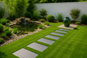 Modern garden with green lawn, slate path, natural pond with waterfall, rocks, bamboo and decorative pot