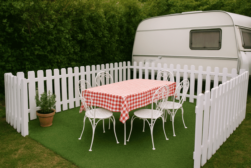 Outdoor dining area bordered by white pallet fencing, table with red and white tablecloth, white metal chairs and artificial grass