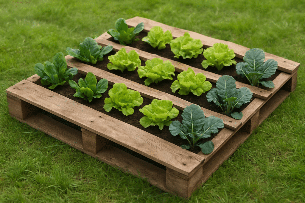 Ecological vegetable garden made with a wooden pallet containing leafy vegetables planted in parallel rows on the lawn.