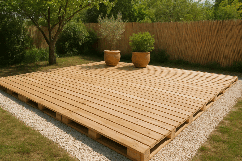 Terrace made of wooden pallets on external flooring with terracotta pots, vegetation, white gravel and natural reed fence.