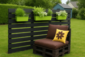 Fence made of black painted wooden pallets with lime green planters and plants, pallet armchair with brown and yellow cushions in a modern garden