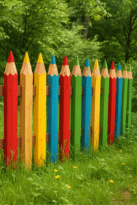 Wooden fence with sharp pickets painted in bright colors resembling pencils in a garden with grass, flowers and trees.