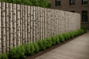 Fence made of vertical birch trunks with white bark, lined with plants and a brick facade in the background.