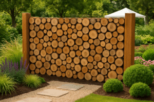 Rustic wooden fence in a garden with ornamental plants, gravel and a white awning in the background.