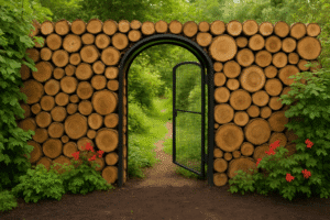 Garden wall made of wooden trunks of different diameters with a black metal arch and mosquito net door that opens onto a garden with lush vegetation.