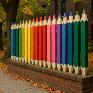 Exterior fence made of vertical boards painted brightly to resemble giant pencils placed on a low brick wall, surrounded by trees and autumn leaves.