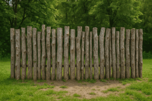 Rustic fence made of irregular tree trunks on a plot of green lawn and soil, with dense forest in the background.