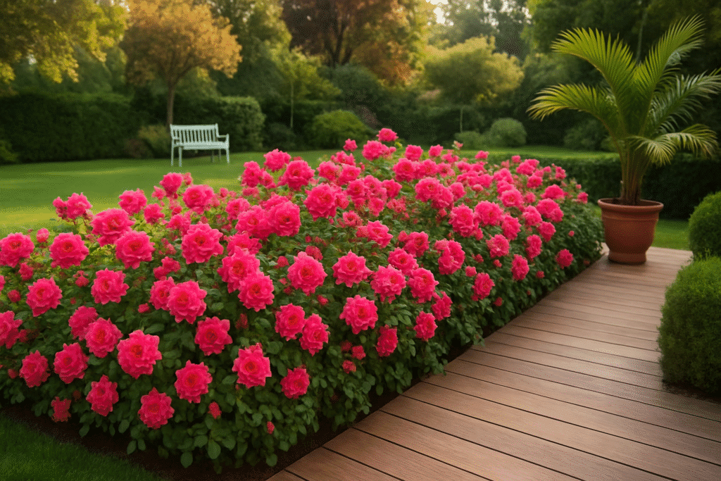 Mass of bright pink shrub roses on the edge of a wooden terrace with grass and a potted palm.