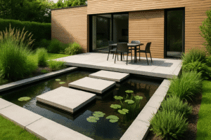 Contemporary terrace with rectangular water basin, floating slab path, aquatic plants and wooden house in the background.