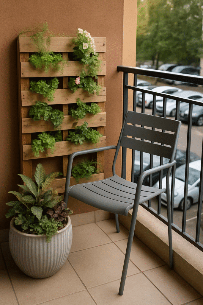 Urban balcony with gray metal chair, green wooden pallet wall full of green plants and ribbed ceramic pot with various foliage.