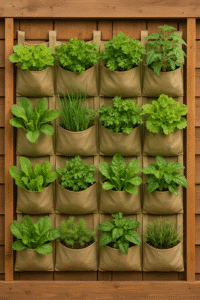 Vertical vegetable garden suspended in beige fabric pockets, containing vegetable plants and aromatic herbs on a wooden structure.