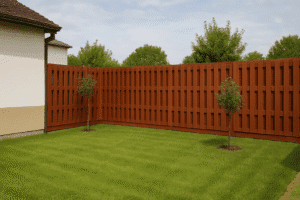 Garden fence made of red-brown wooden pallets surrounding a lawn with two young trees and a corner of a white and beige house.