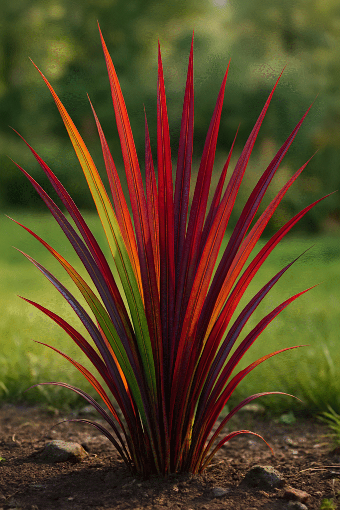 Plant with long and narrow leaves, bright green and purple red, for outdoor use