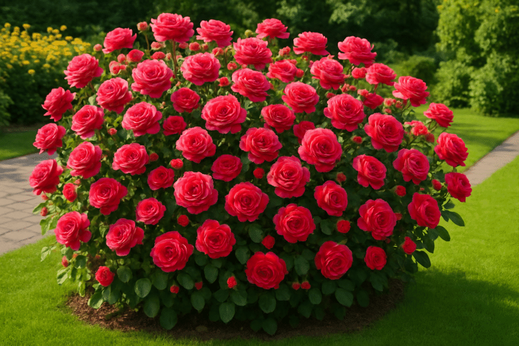 Mass of rose bushes with large double pink flowers in a garden with green lawn and paved path.