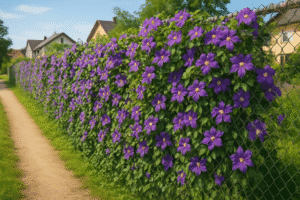 Chain link fence heavily overgrown with purple flowering clematis with a dirt path to the left and buildings in the background.
